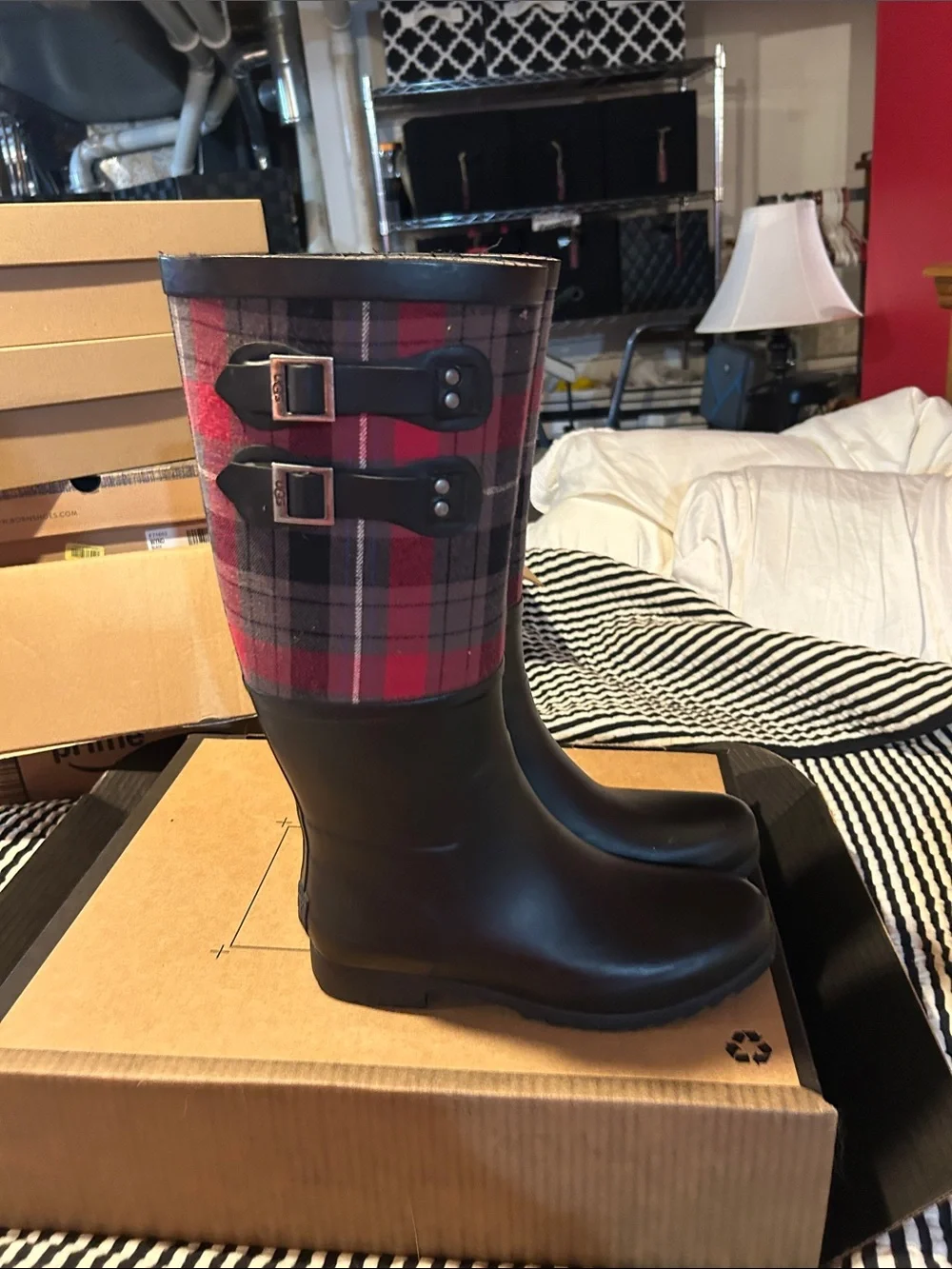 UGG Women's Black Rubber & Red Plaid Tall Rain Boots with Buckles